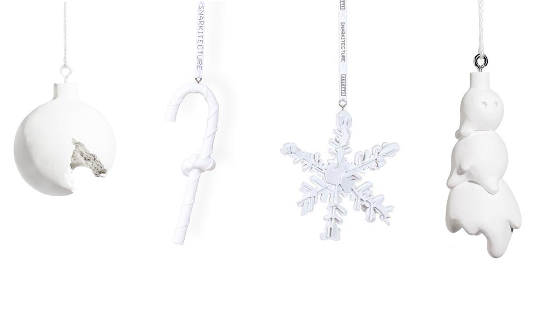 DANIEL ARSHAM x Snarkitecture 'Eroded Ornaments': 'Eroded Ornaments' by Daniel Arsham x Snarkitecture, 2018 Collection of 4 individual ornaments. 2.25 x 1.25 x 6 Inches (candy cane) 3.5 x 1.5 x 1.5 Inches (snowman) 2.75 x 2.36 x 2.36 Inches (ornament