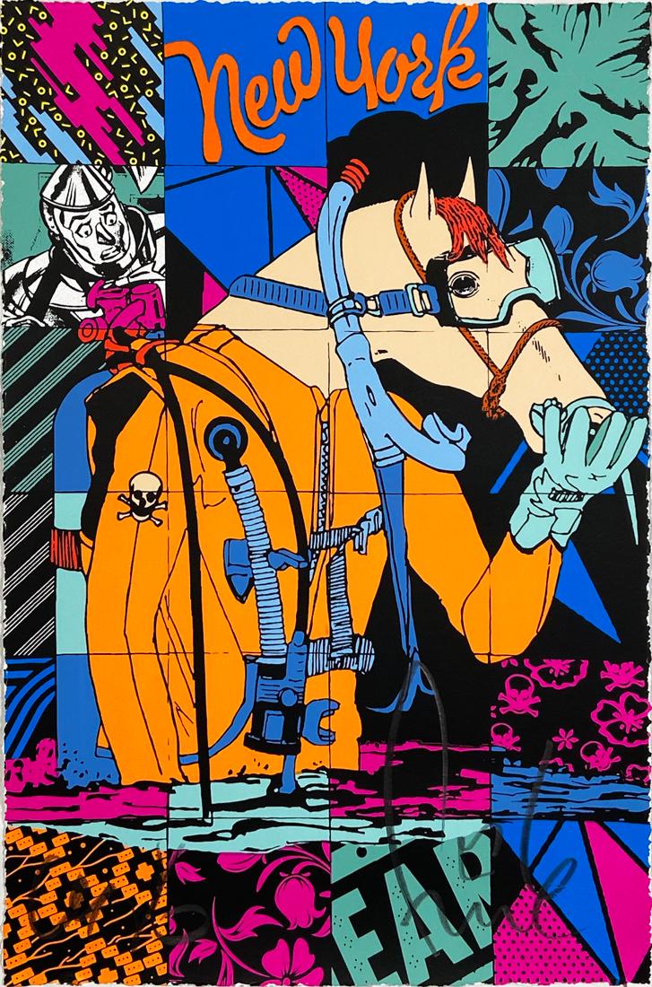 FAILE 'Scuba Horse Delights' Silkscreen Print: 'Scuba Horse Delights' by Faile, 2020 12 x 18 Inches 13-color silkscreen print on deckled edge, 325gsm Coventry Rag fine art paper. Limited Edition of 350 (#204/350) Hand-signed by the artist bottom r