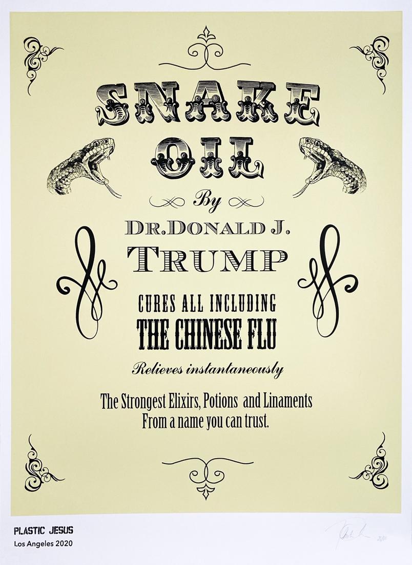 PLASTIC JESUS 'Snake Oil' Silkscreen Print: 'Snake Oil' by Plastic Jesus, 2020 18 x 24 Inches Silkscreen print on 290gsm fine art paper. Limited Edition of 80 (#26/80) Signed and numbered by the artist. Also includes original artist signed/issu
