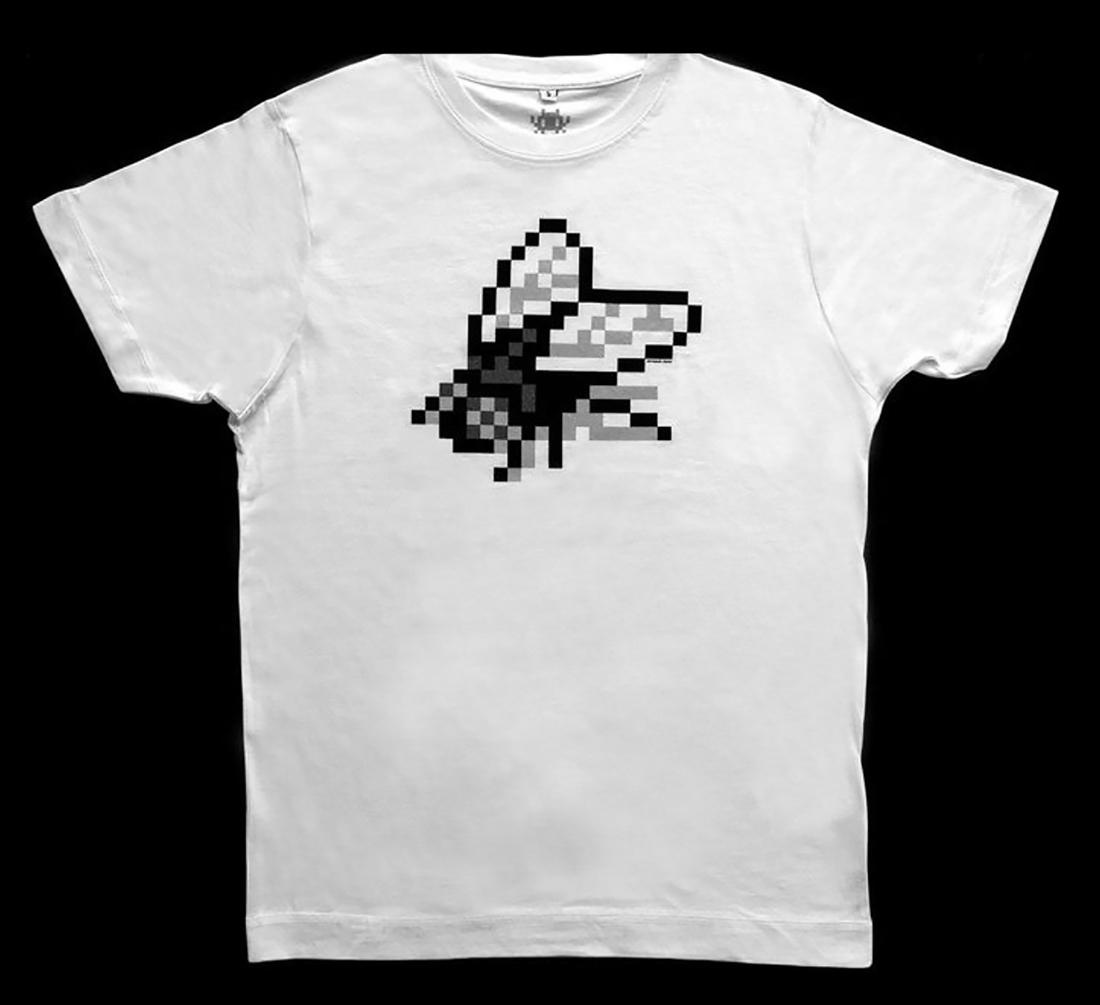 INVADER 'Pixel Fly' (white) T-Shirt: 'Pixel Fly' by Invader, 2020 Original t-shirt (white). Size: Small 8 x 10 Inches (pkg) 100% Combed Cotton. Limited Edition (Sold Out). New (never worn) in original (previously opened) packaging. *Note