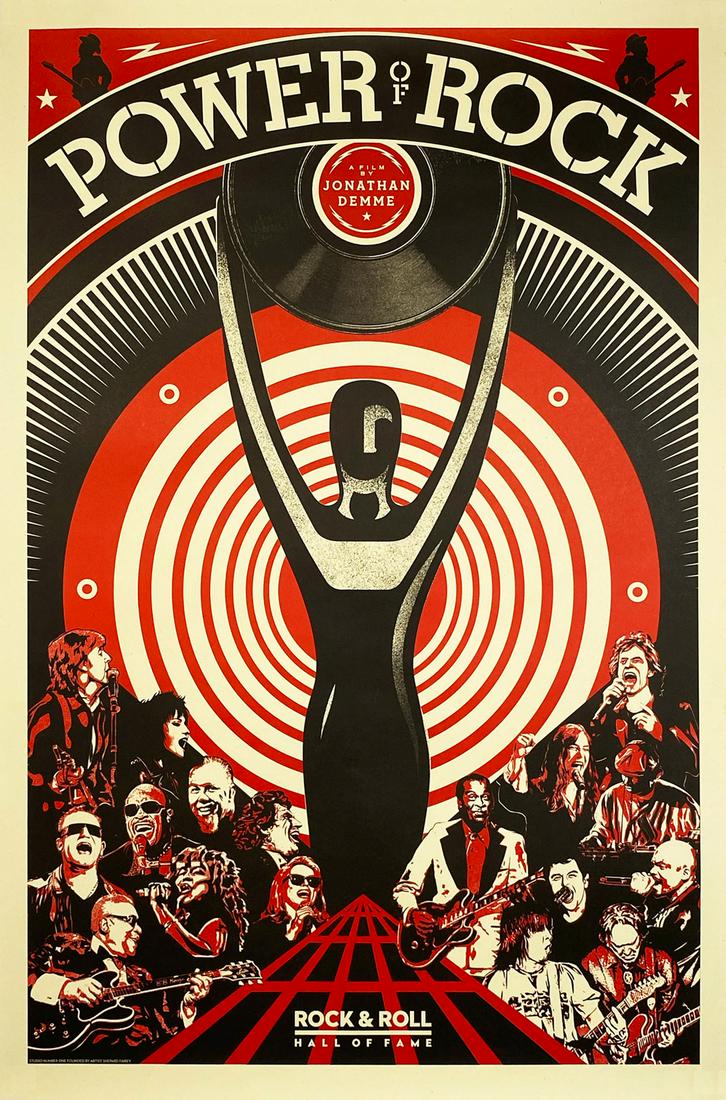 SHEPARD FAIREY 'The Power of Rock' Offset Lithograph: 'The Power of Rock' by Shepard Fairey, 2017 Official poster for the Jonathan Demme-directed documentary on the 2017 Rock 'N Roll Hall of Fame inductions. 24 x 36 Inches Offset lithograph print on crea