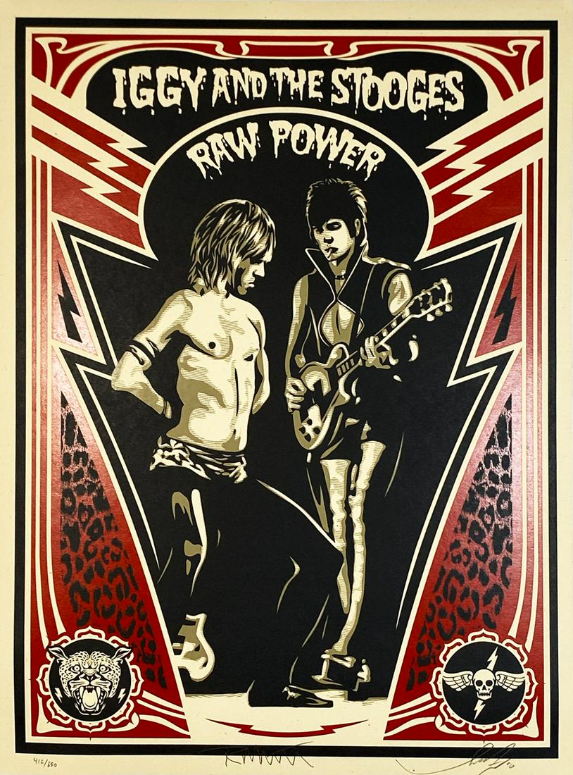 SHEPARD FAIREY 'Iggy & the Stooges' Screen Print: 'Iggy and the Stooges' by Shepard Fairey, 2010 Based on an original photograph by Robert Matheu. 18 x 24 Inches Screen print on cream Speckletone fine art paper. Limited Edition of 650 (#412/650) Sign