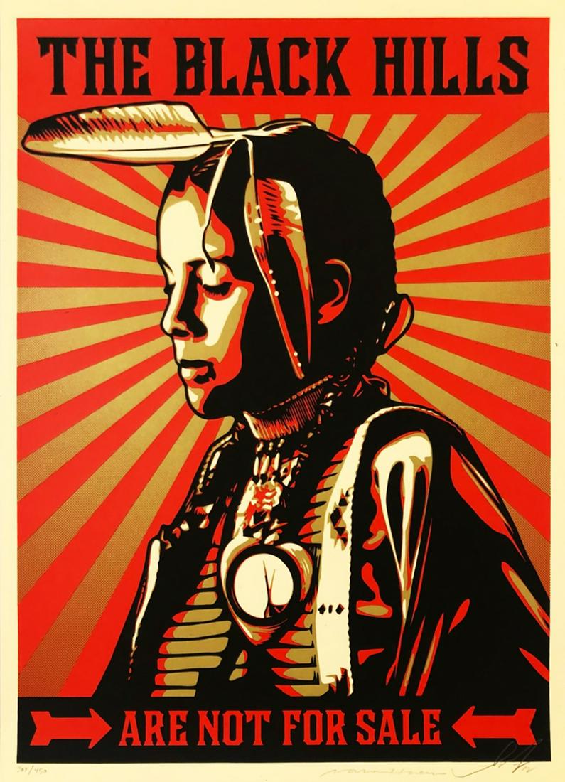 SHEPARD FAIREY 'Black Hills are Not for Sale' Screen: 'The Black Hills are Not for Sale' by Shepard Fairey, 2009 Collab. with National Geographic Photographer Aaron Huey. 18 x 24 Inches Rare, coveted screen print on cream, Speckletone fine art paper. Lim