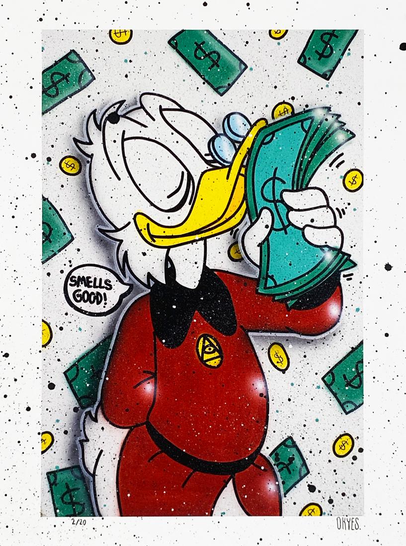 OKYES 'Smells Good' (Scrooge) Hand-Finished Giclée: 'Smells Good' by OKYES, 2020 Feat. Scrooge McDuck. 11.75 x 15.75 Inches Giclée print on 100% cotton 308gsm Hahnemühle Photo Rag fine art paper. Hand-finished in spray paint. Limited Edition 