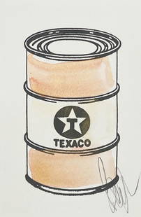 BEEJOIR 'Texaco Oil Can' (orange/gold) Hand-Painted: 'Texaco Oil Can' by Beejoir, 2010 Orange and gold glitter variant. 5 x 7 Inches Screen print on 300gsm fine art paper, hand-finished by the artist in watercolor. Hand-Painted Multiple edition of 500 (