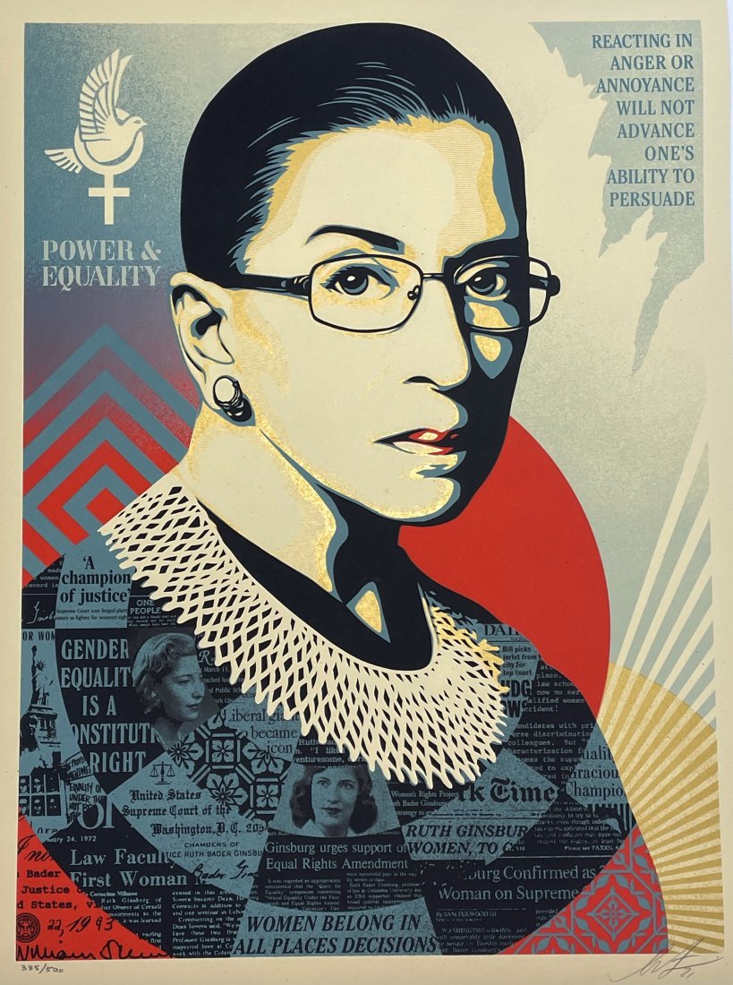 SHEPARD FAIREY 'Champion of Justice (RBG) XL' Screen: 'Champion of Justice (RBG) XL' by Shepard Fairey, 2021 24 x 36 Inches (large version) Screen print on cream, Speckletone fine art paper. Limited Edition of 500 (#322/500) Signed, numbered and dated by