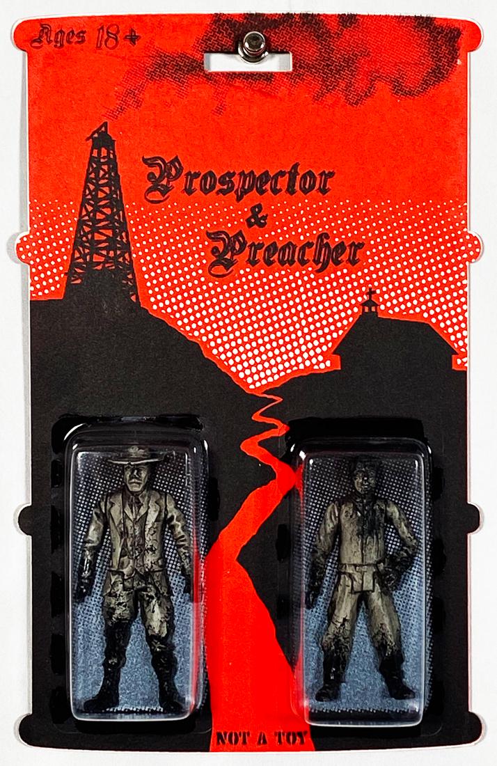 RYCA 'Prospector & Preacher' (Not-A-Toy) Carded Action: 'Prospector and Preacher' by Ryan Callanan aka RYCA, 2014 Homage to the cult-hit film "There Will Be Blood". 4 Inches tall each (figures). 6.75" x 11.25" x 1.25" (blister-pack). Original cast resin ac