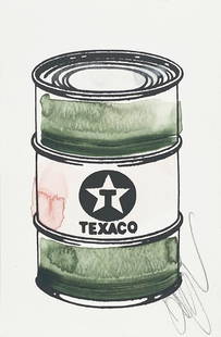 BEEJOIR 'Texaco Oil Can' Hand-Painted Print: 'Texaco Oil Can' by Beejoir, 2010 Pink and dark green variant. 5 x 7 Inches Screen print on 300gsm fine art paper, hand-finished by the artist in watercolor. Hand-Painted Multiple edition of 500 (Sold