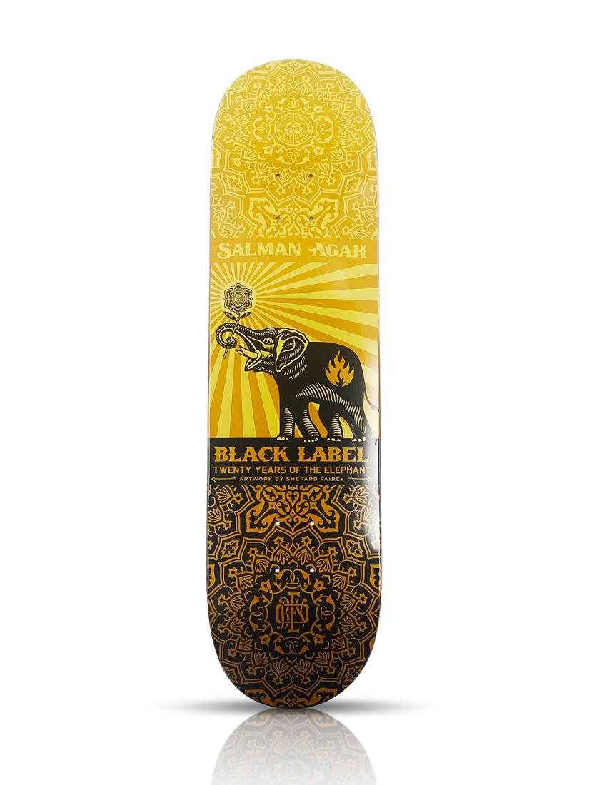 SHEPARD FAIREY x Black Label 'Peace Elephant': 'Peace Elephant' by Shepard Fairey, 2008 Skateboard deck collab. with Black Label for pro-skater Salman Agah. 8.25 x 32 Inches Silkscreen on 7-ply Canadian Maple hardwood skateboard deck. Limited Edit