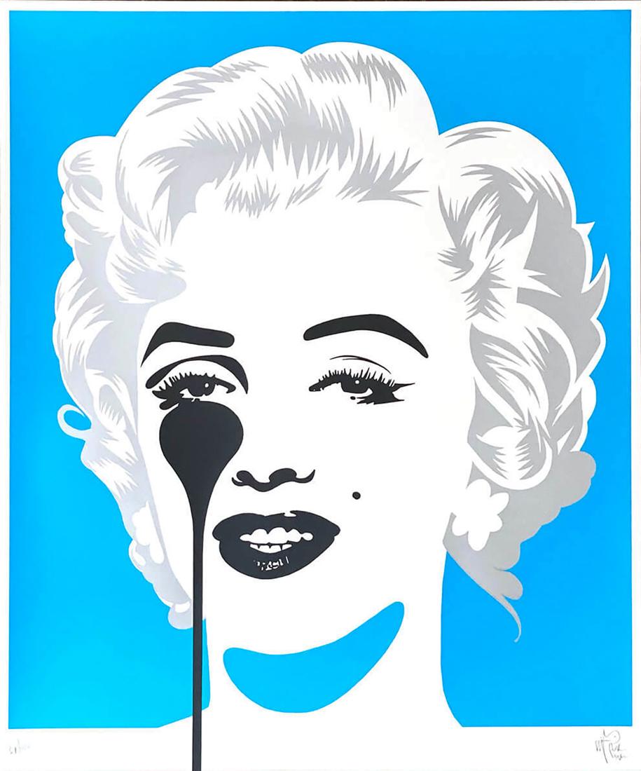 PURE EVIL 'Marilyn Classic' (blue/silver) Screen Print: 'Marilyn Classic' by Pure Evil, 2021 Blue and Silver variant. 27.5 x 33.5 Inches Screen print on 330gsm Fedrigoni fine art paper. Limited Edition of 100 (#34/100) Signed and numbered by the artist. AR
