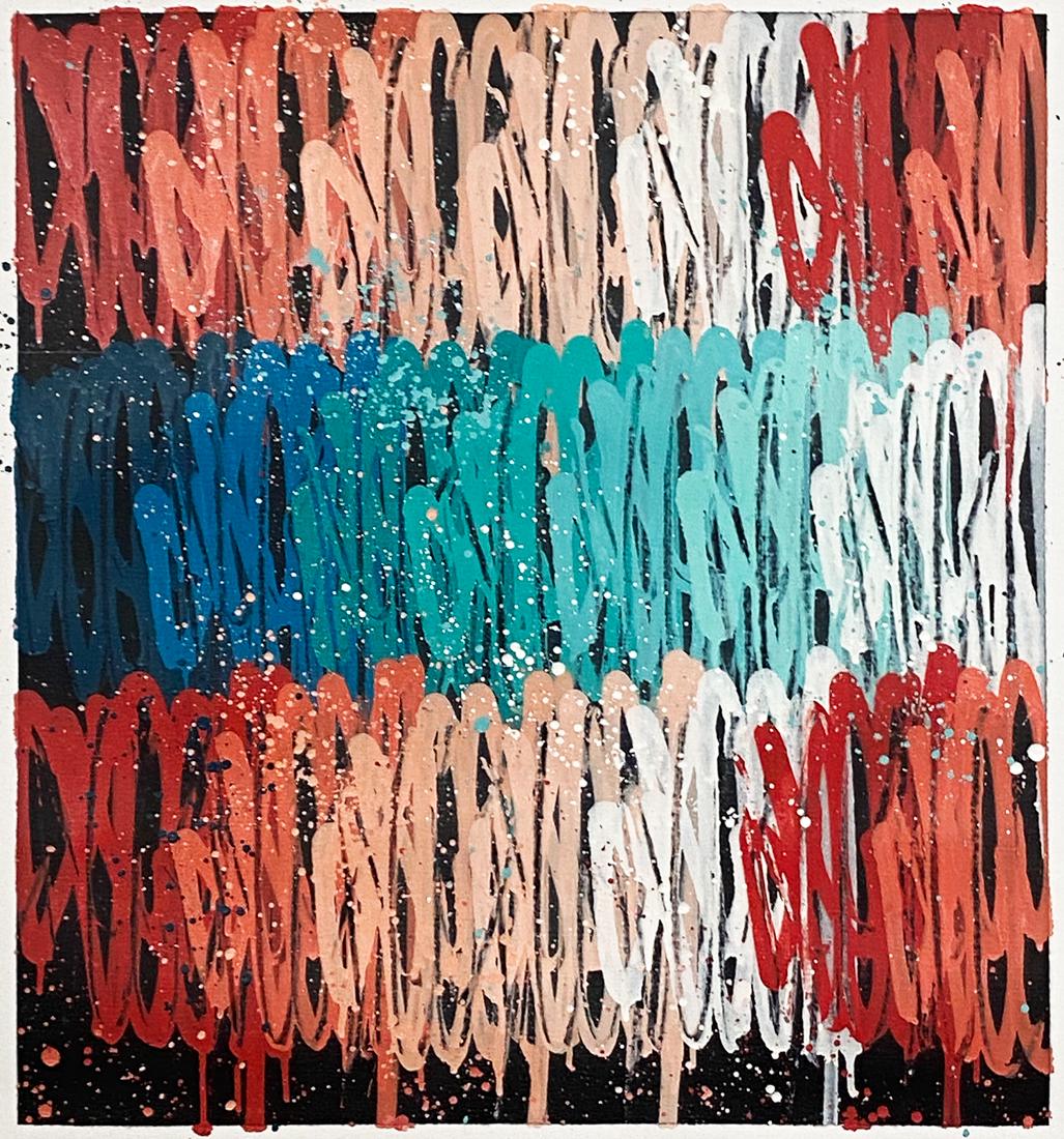 SEEN 'Original Painting #5979' (tags) Original on: 'Original Painting #5979' by SEEN, 2021 SEEN graffiti tags variant in cream, teal, etc. 30 x 28 Inches Hand-painted spray paint and paint splatter on canvas. Original Artwork (#1/1) Hand-signed and da