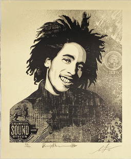 SHEPARD FAIREY 'Bob Marley 40th: Lively Up Yourself': 'Bob Marley 40th: Lively Up Yourself' by Shepard, 2021 Collab. with legendary rock photographer Dennis Morris. 19 x 16.5 Inches Letterpress print on cream cotton rag fine art paper with