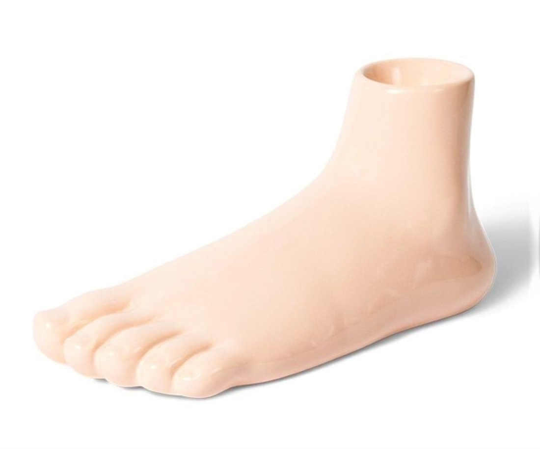 DAVID SHRIGLEY 'Curious Foot-shaped Pedestal' Ceramic: 'Curious Foot-shaped Pedestal' Ceramic Sculpture by David Shrigley, 2018 Painted ceramic sculpture. What better way to eat your eggs or watch a house plant grown than from a ceramic foot-shaped pedest