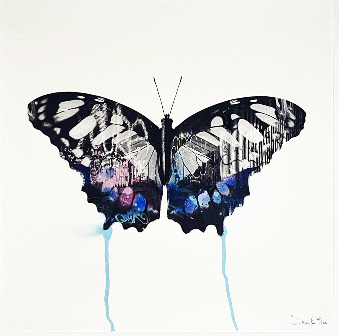 DONK 'Graffiti Butterfly' Hand-Finished Silkscreen Print: 'Graffiti Butterfly' by Donk, 2017 Blue variant. 20 x 20 Inches Hand-pulled screen print over four colour spray painted details (the spray painted technique makes each print unique) on 315gsm Heritage