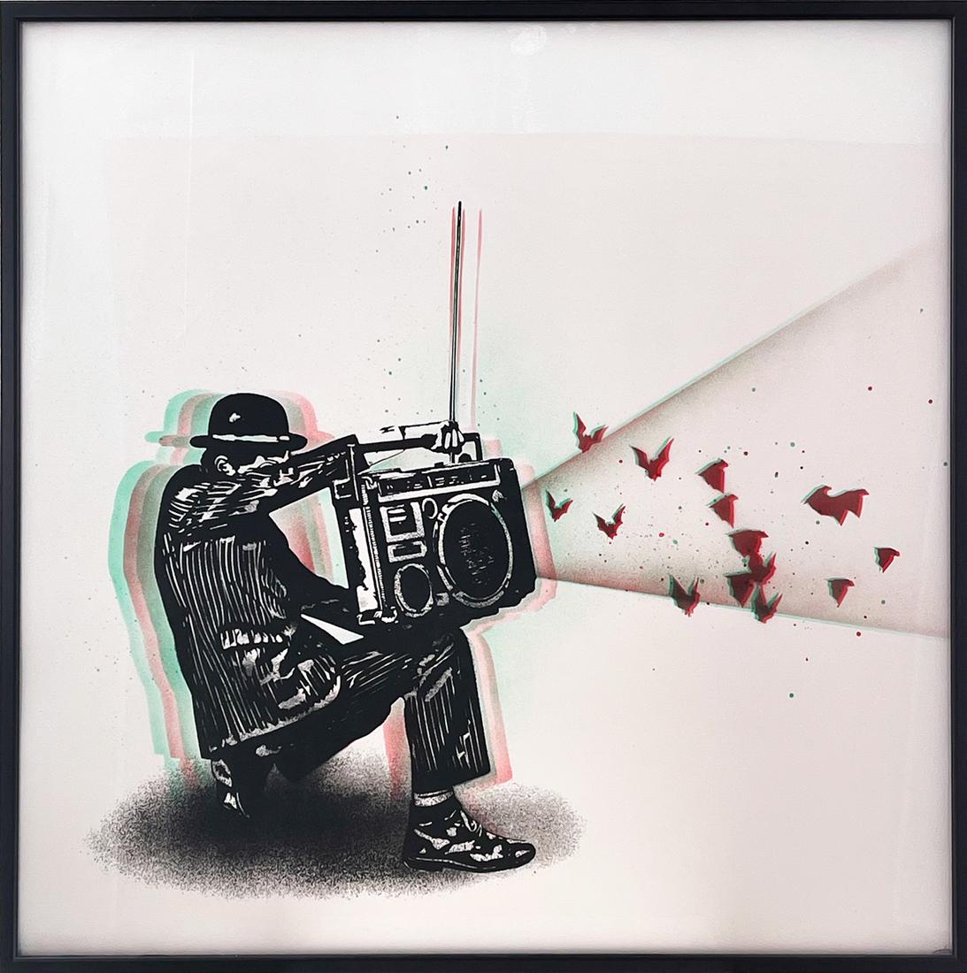 NICK WALKER 'Boom Box Vandal' Unique Hand-Painted Edition: 'Boom Box Vandal' by Nick Walker, 2016 Unique, hand finished, custom framed stencil and spray paint on paper. 26.75 x 26.75 Inches (artwork) 27 x 27 x 1.1 Inches (framed) Rare, original spray paint/st