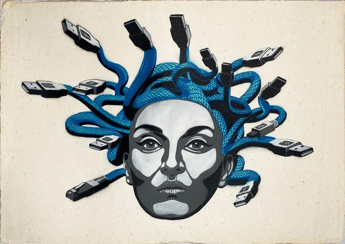 DECYCLE 'Medusa' HPM on Hand-Moulded Paper: 'Medusa' by Decycle, 2017 Serpent (blue) variant. 22 x 30 Inches Original spray paint/stencil on hand-moulded 400gsm cotton paper. Hand-Painted Multiple edition of 25 (#5/25) Stamp-signed and hand-num