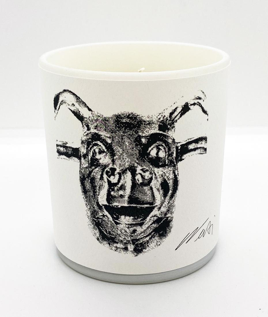 AI WEIWEI 'Ox' (white) Glass Candle in Santalum: 'Ox' by Ai Weiwei, 2021 From the artist's 'Zodiac Logo' series with design brand Rome Pays Off. White variant. 3 x 3.5 x 3.5 Inches (candle) 3.5 x 3.8 x 3.5 Inches (box) Glass candle in Santalum (ambe