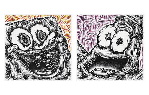 MARK DEAN VECA 'Spongebob + Patrick' Blotter Print Set: 'Spongebob + Patrick' by Mark Dean Veca, 2021 Blotter print set based on the artist's originals from 2018. Matching Number Set. 7.5 x 7.5 Inches each. Offset print on 80lb perforated blotter art paper