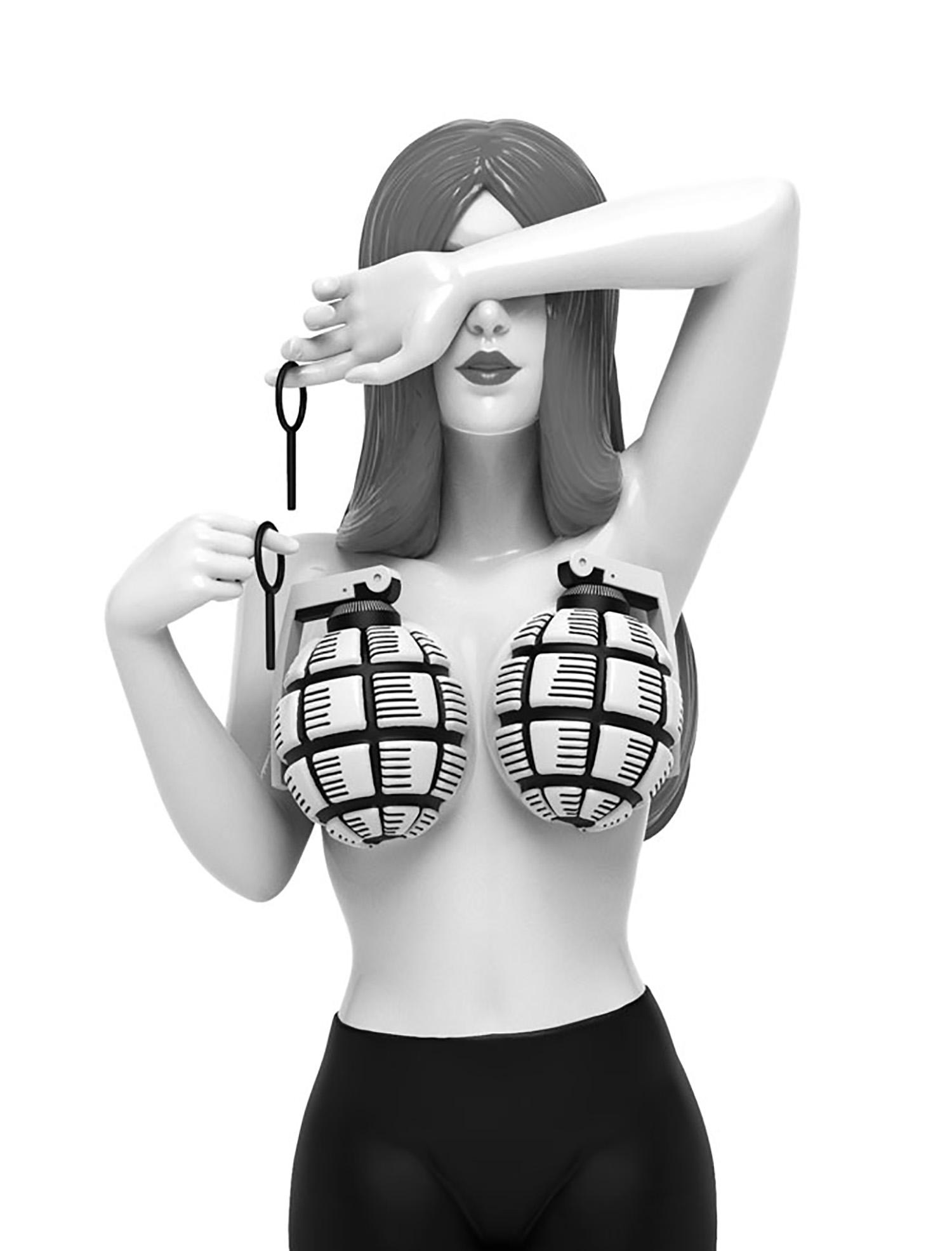 HENN KIM x Mighty Jaxx 'Booby Trap' Polystone Art Sculpture: 'Booby Trap' by Henn Kim, 2021 Limited Edition sculpture collab. with Mighty Jaxx. 8 Inches tall (figure) 10.4 x 7.1 x 6.7 Inches (box) Collectible polystone designer art figure with removable grenade