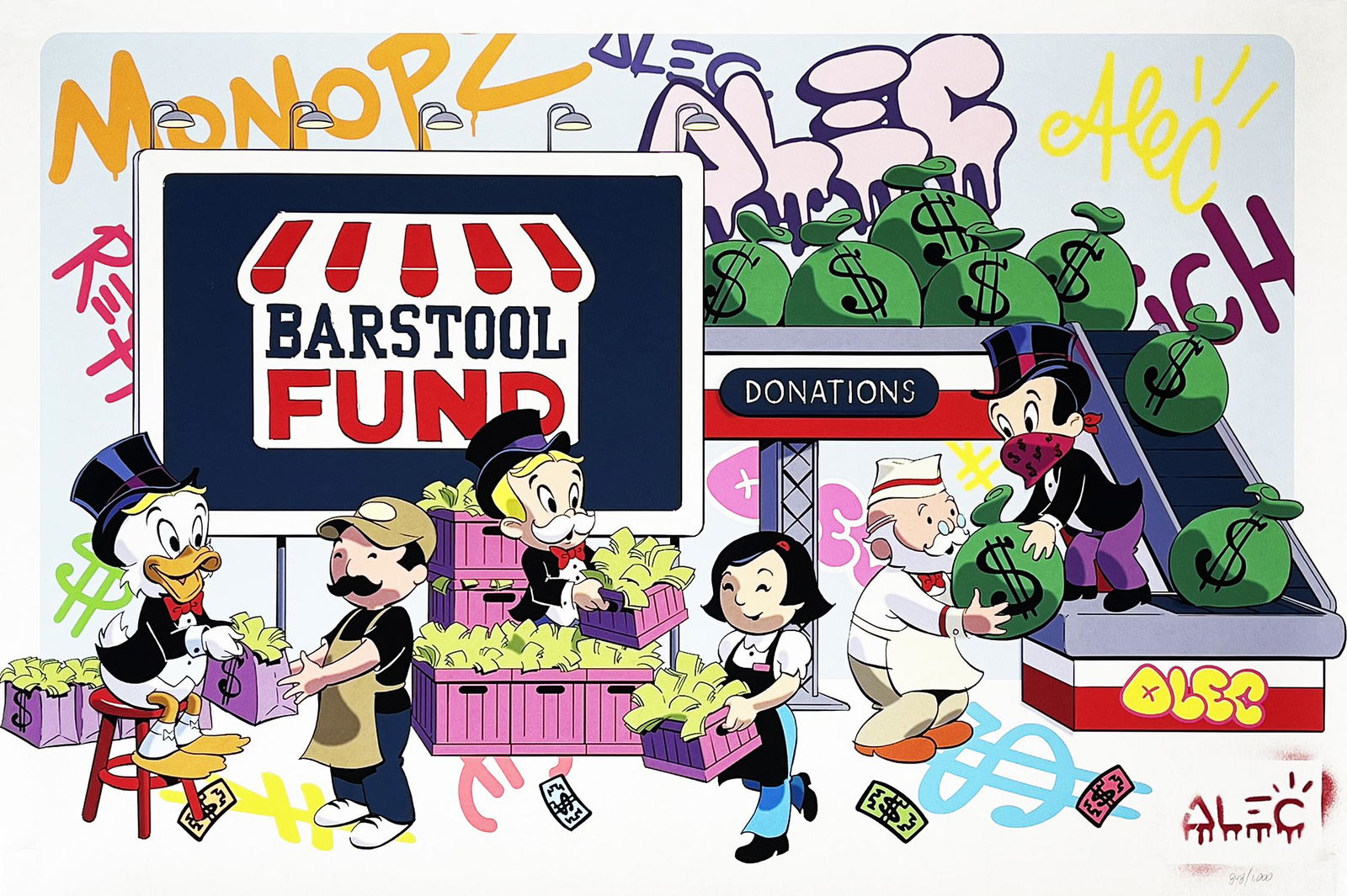 ALEC MONOPOLY 'Barstool Fund' Screen Print: 'Barstool Fund' by Alec Monopoly, 2021 Rare print release collab. with Barstool Fund to help small businesses. 24 x 36 Inches Screen print on wove fine art paper. Limited Edition of 1000 (#848/1000) (