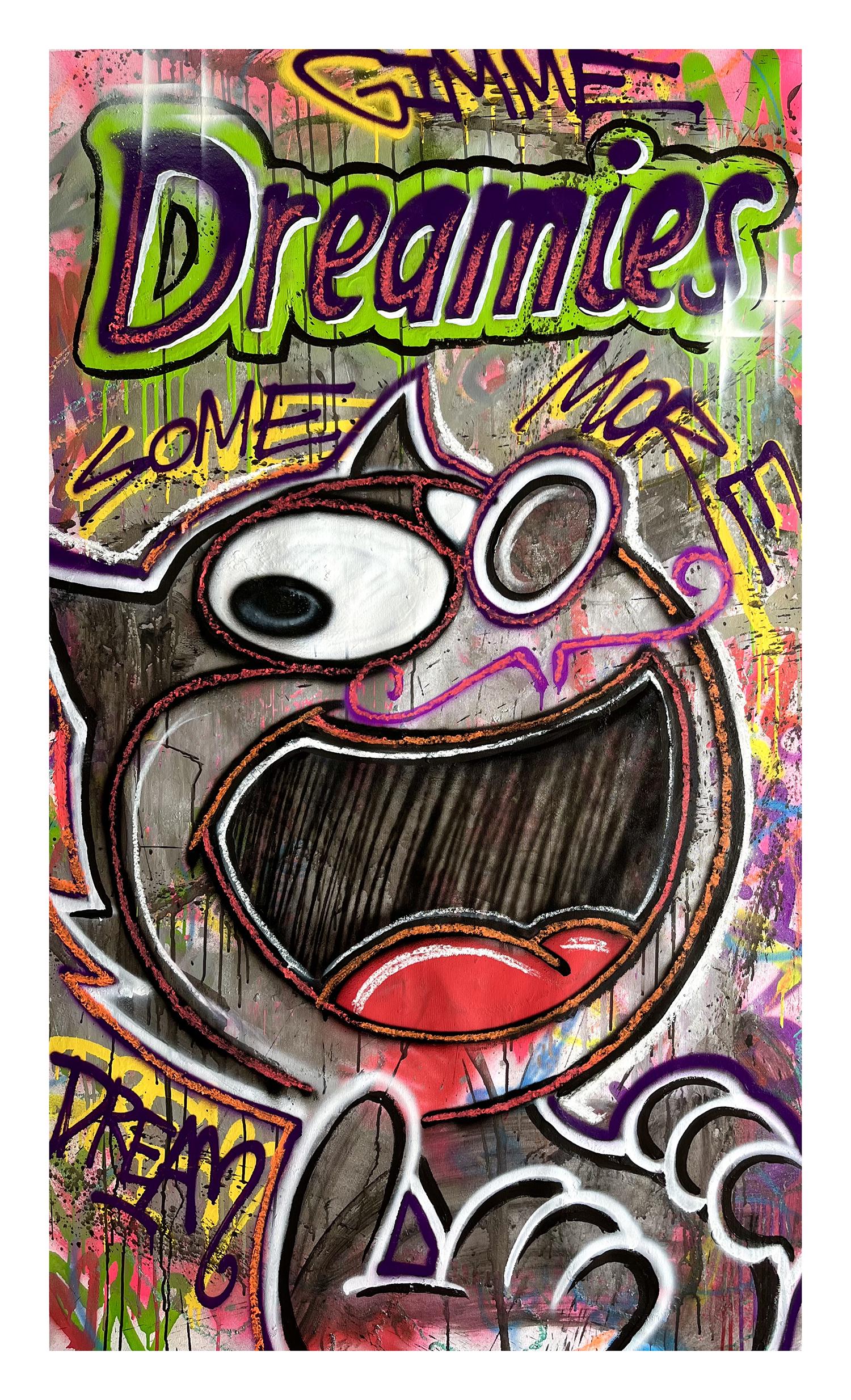 DOPED OUT M 'Felix the Cat x Dreamies' Original on Canvas: 'Felix the Cat x Dreamies: Gimme Some More' by Doped Out M, 2022 59.1 x 35.4 Inches 150 x 90 Centimeters Large, hand-painted acrylic/spray paint with Glow-in-the-Dark UV inks on hand-pulled 100% cotto