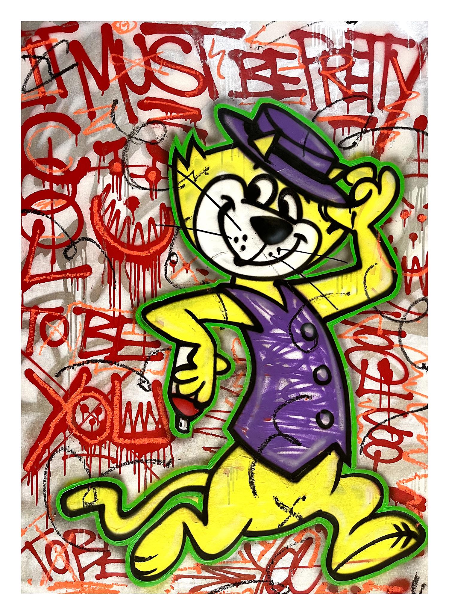 DOPED OUT M 'Top Cat - Cool to be You' Original on Canvas: 'Top Cat - Cool to be You' by Doped Out M, 2022 51.2 x 39.4 Inches 130 x 100 Centimeters Large, hand-painted acrylic/spray paint with Glow-in-the-Dark UV inks on hand-pulled 100% cotton canvas. Origin