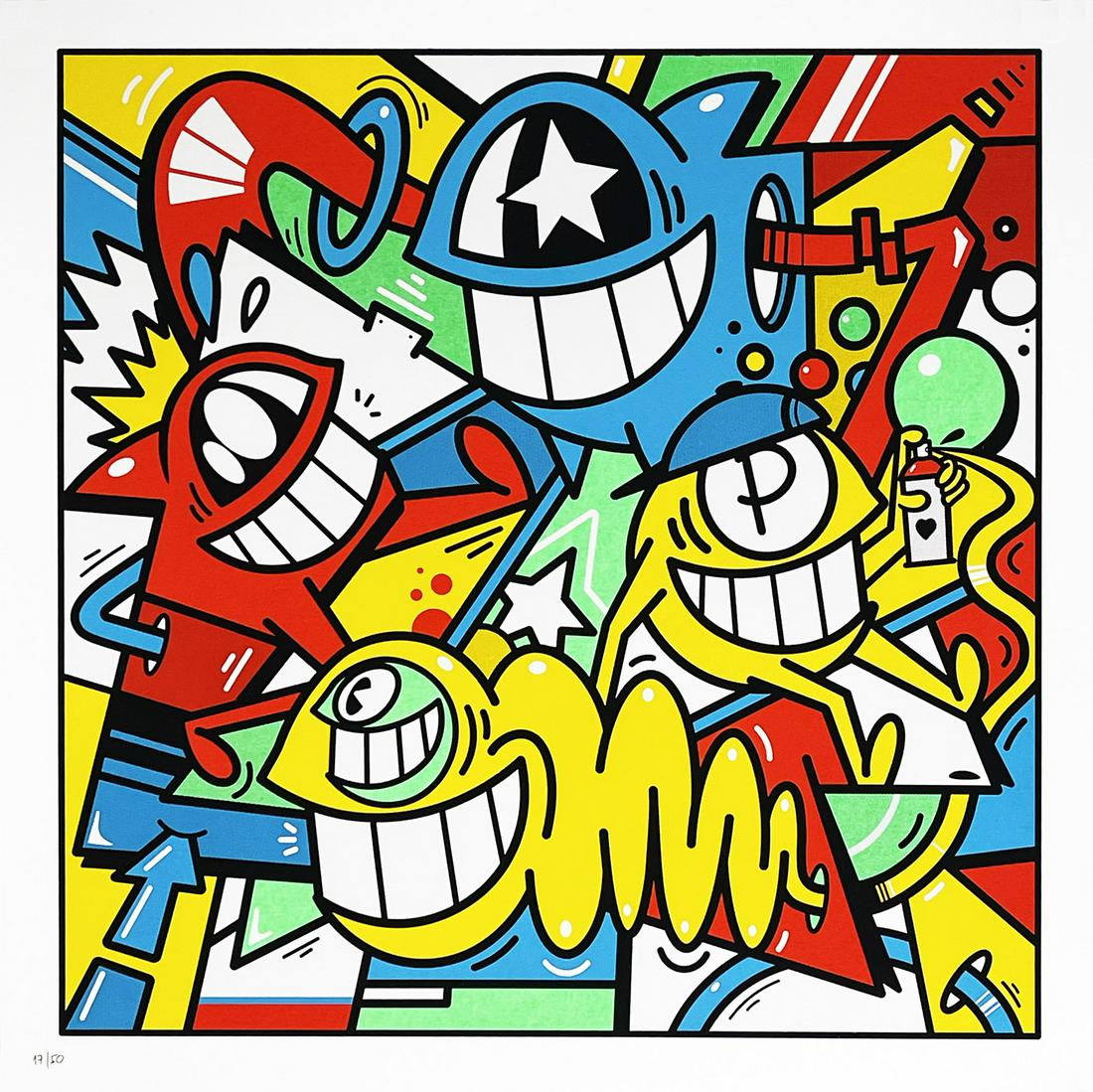 EL PEZ 'Very Spezial Days' 5-Color Serigraph Print: 'Very Spezial Days' by El Pez, 2022 19.75 x 19.75 Inches 50 x 50 Centimeters 5-color hand-pulled serigraph print on 300gsm Gmund Matt fine art paper. Printed in Barcelona by Monostereo. Limited Editio