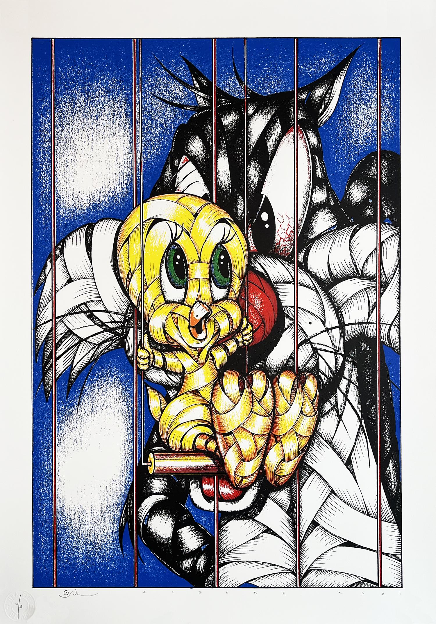 OTTO SCHADE 'I Tawt I Taw a Puddy Tat' Screen Print: 'I Tawt I Taw a Puddy Tat' by Otto Schade, 2021 Rare blue variant. 29.5 x 20.8 Inches 74.9 x 52.8 Centimeters 9-color screen print on 300gsm Somerset Satin fine art paper. Limited Edition of only 25 (