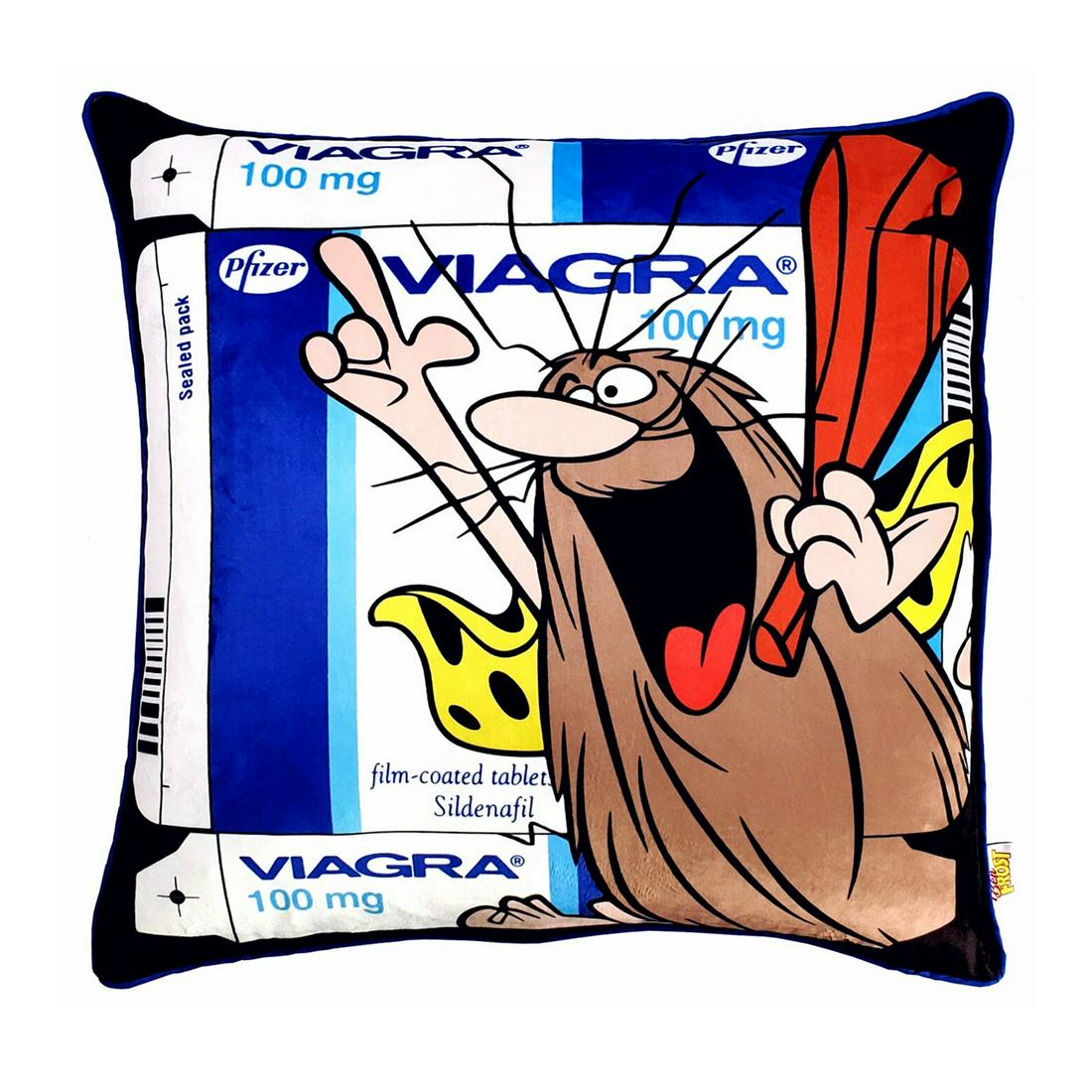 BEN FROST 'Caveman Viagra' Limited Edition Pillow: 'Caveman Viagra' by Ben Frost, 2020 Based on the artist's work from 2019. 19 x 19.5 Inches Plush cushion/pillow case with premium velvet-finish and soft, wide-stripe black corduroy back. Discreet zip-