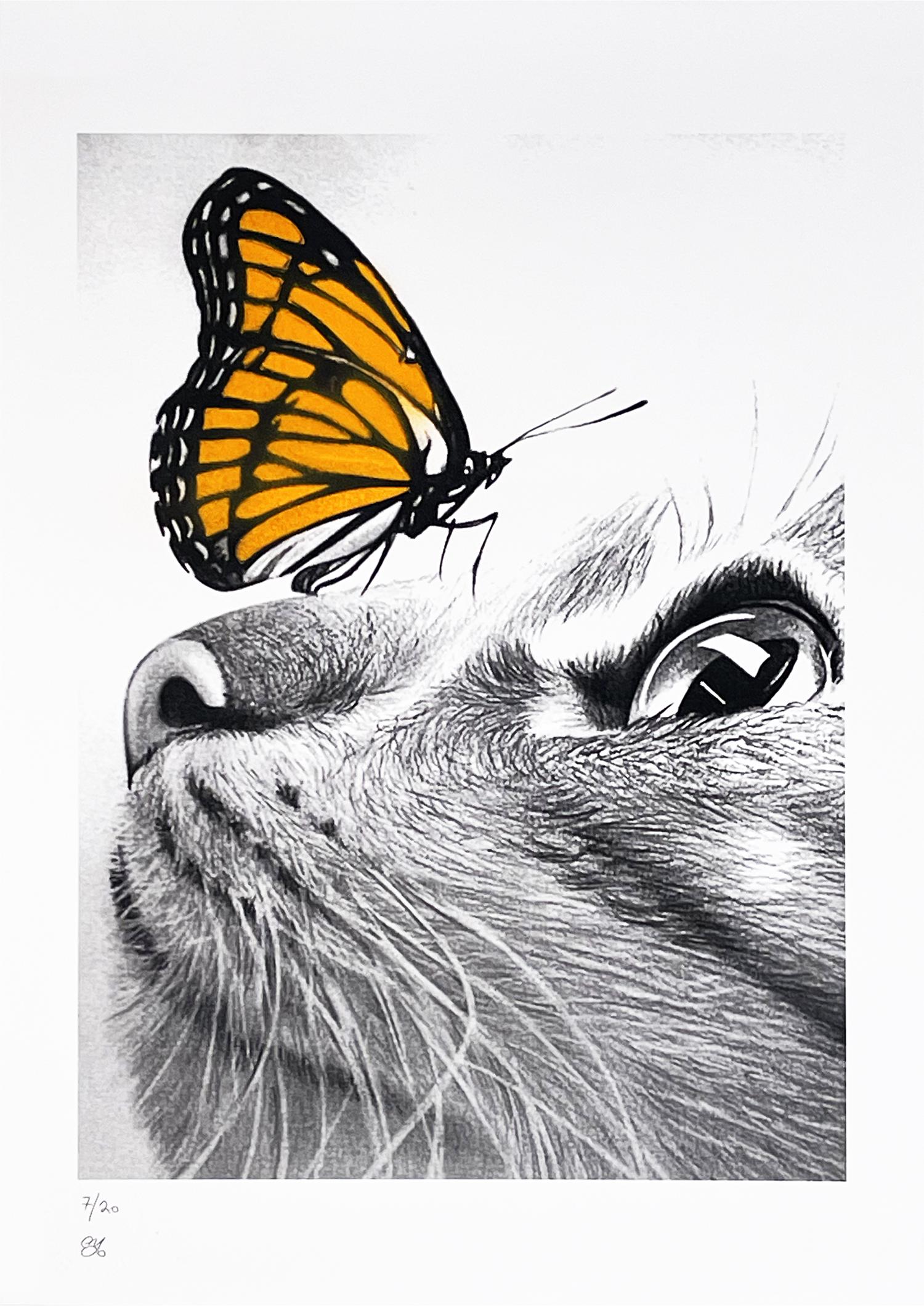 EMO RAPHIEL 'Infinity' (orange) Hand-Finished Giclee Print: 'Infinity' by Emo Raphiel, 2022 Orange variant. 15.7 x 11.7 Inches 40 x 29.8 Centimeters Giclee print on 250gsm Soft White fine art paper. Hand-finished Butterfly stencil in orange spray paint. Limite