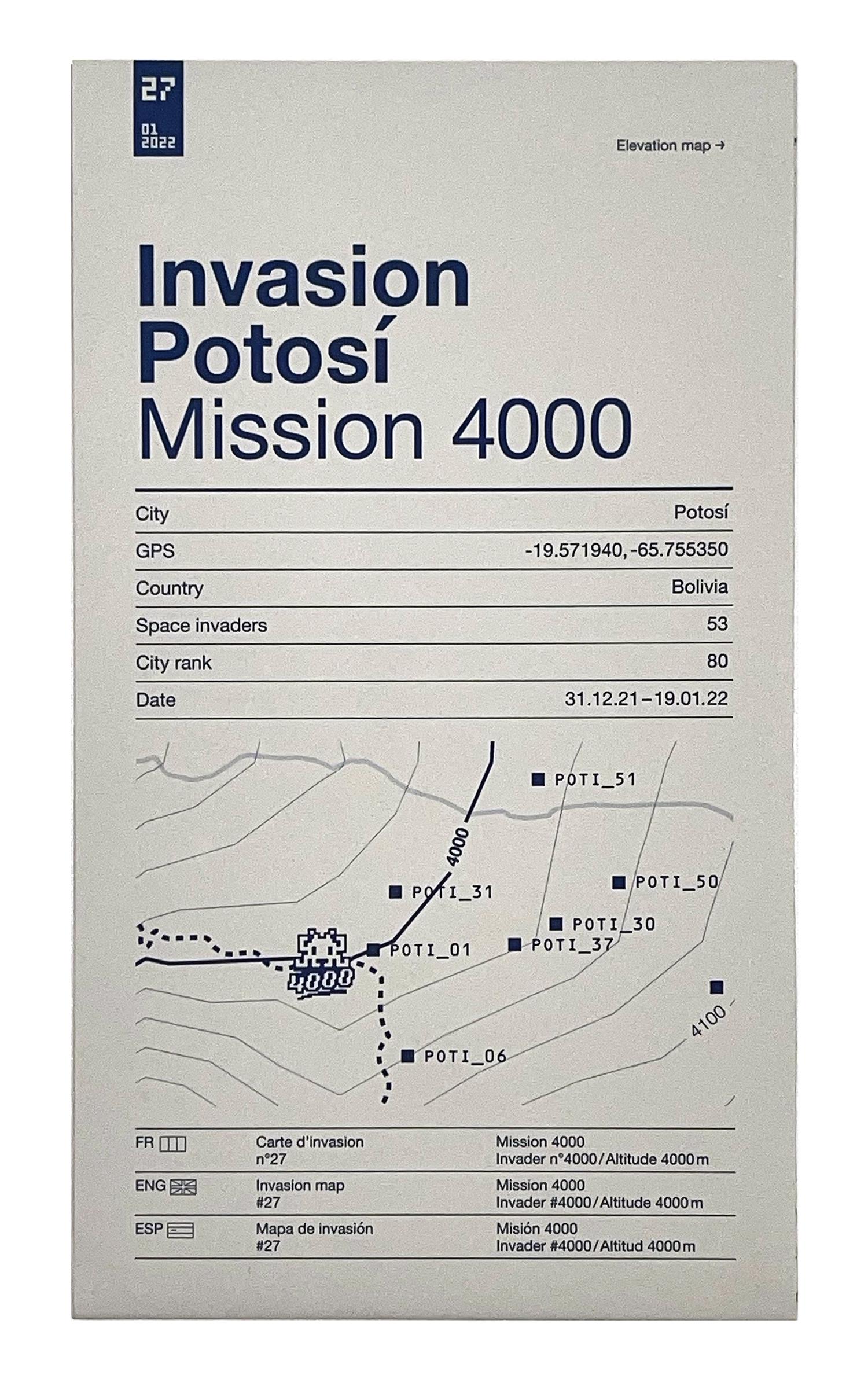 INVADER 'Invasion Potosi, Bogota (#27)' Offset Lithograph Map: 'Invasion Map: Potosi (#27)' by Invader, 2021-2022 A viewer's guide to the artist's latest tile mosaics throughout Potosi­, Bolivia - including his 4000th live installation. 4.75 x 8.25 Inches (f