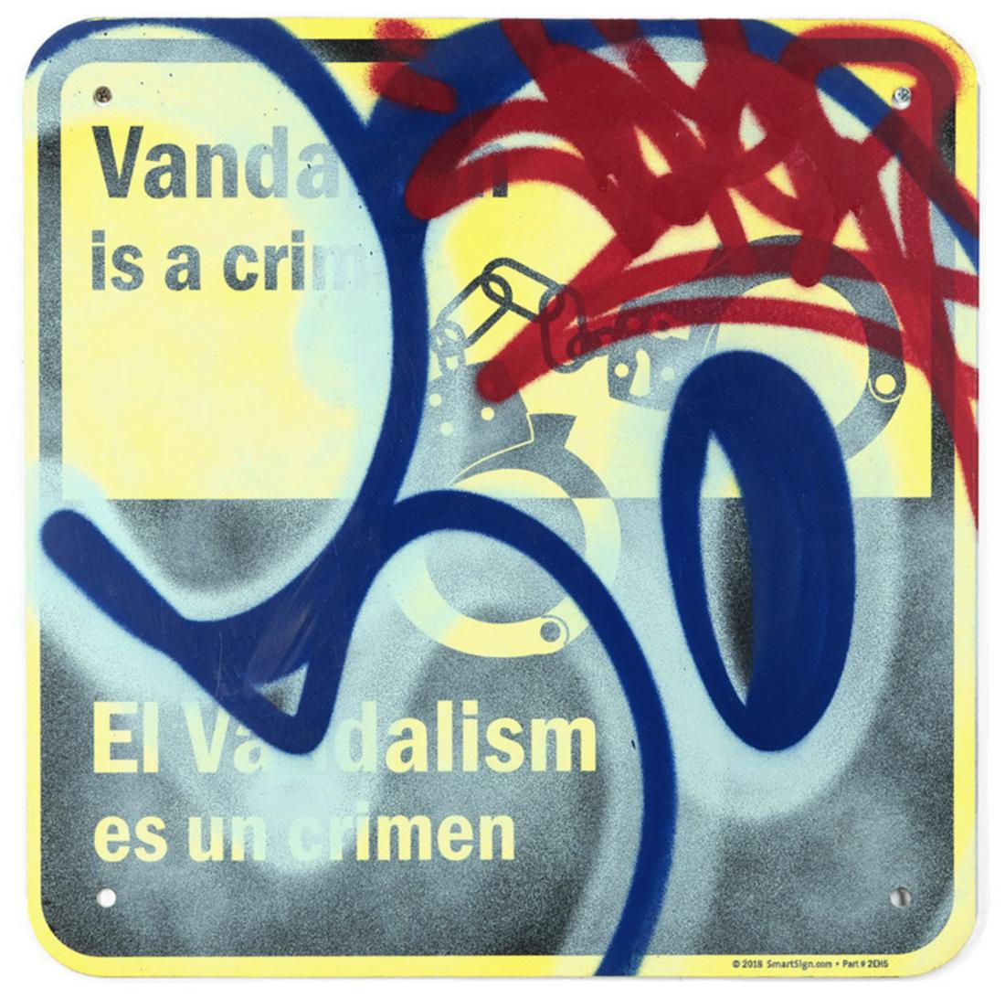 COPE2 'Vandalism es un Crimen' Original on Street Sign: 'Vandalism es un Crimen' by Cope2, 2020 18 x 18 Inches 45.7 x 45.7 Centimeters Unique spray paint on real "Vandalism is a Crime" metal street sign. Original artwork (#1/1) Hand-signed by the artist in