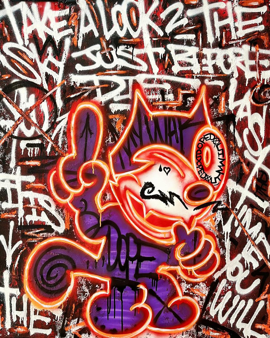 DOPED OUT M 'Felix Advice' Original on Canvas: 'Felix Advice' by Doped Out M, 2022 47.2 x 39.4 Inches 120 x 100 Centimeters Large, hand-painted acrylic/spray paint with Glow-in-the-Dark UV inks on hand-pulled 100% cotton canvas. Original artwork (