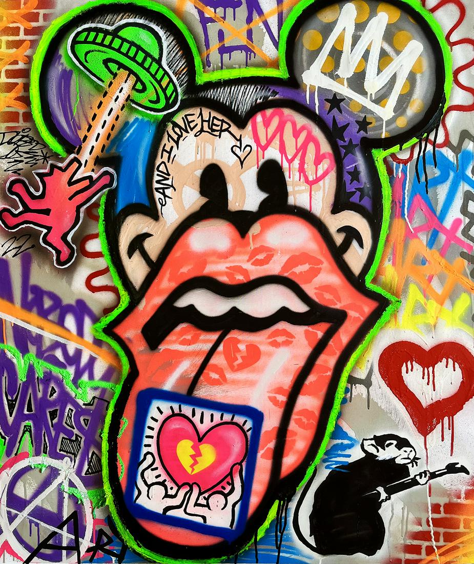 DOPED OUT M 'Nobody Cares' Original on Canvas: 'Nobody Cares' by Doped Out M, 2022 47.2 x 39.4 Inches 120 x 100 Centimeters Large, hand-painted acrylic/spray paint with Glow-in-the-Dark UV inks on hand-pulled 100% cotton canvas. Original artwork (