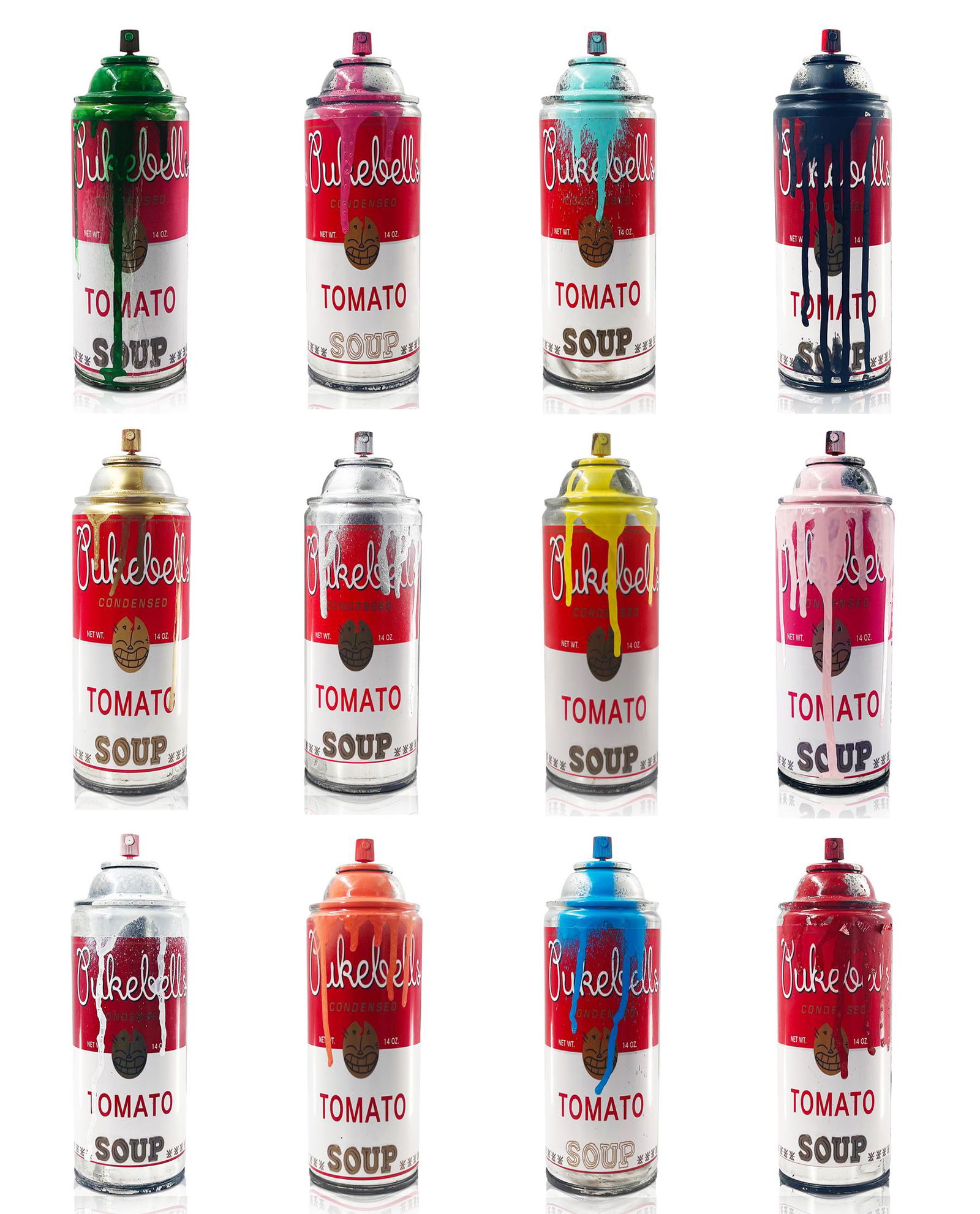 PUKE 'Pukebell's Tomato' Original on 12 Spray Cans (Set): 'Pukebell's Tomato Soup (Set)' by PUKE, 2020 Set of 12 hand-painted spray cans with original artist-designed labels. 7.5 x 2.5 x 2.5 Inches each. Spray paint and acrylic on artist-used (empty) spray