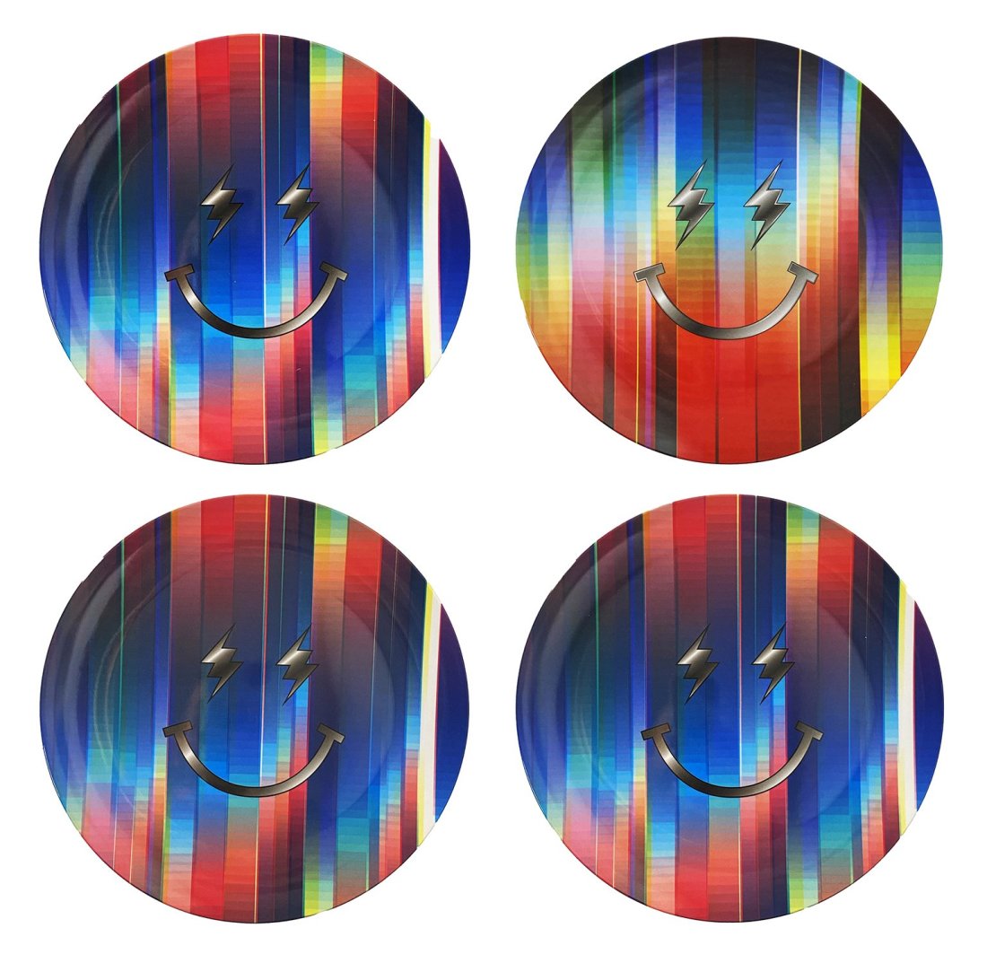 FELIPE PANTONE x J. BALVIN 'Subtractive Variability' Dinner Plate Set: 'Subtractive Variability' by Felipe Pantone, 2020 4-Dinner Plate Set collab. with design house JBalvin and Beyond the Streets. 10 Inches diameter each (plates) 11 x 11 x 2.25 Inches (box) Rare collect