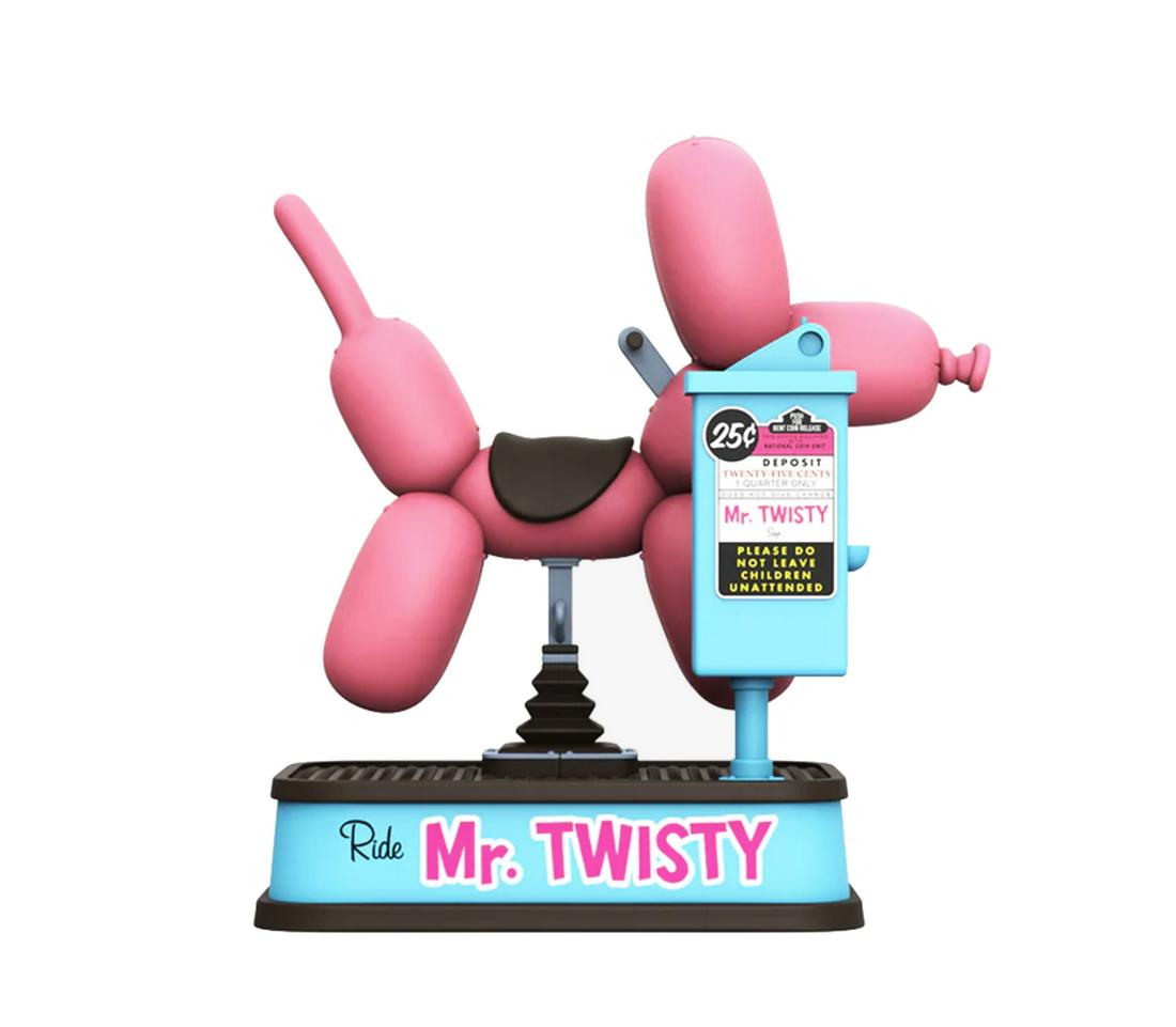 JASON FREENY 'Mr. Twisty' Vinyl Art Sculpture: 'Mr. Twisty' by Jason Freeny, 2022 Limited Edition art sculpture collab. with toymaker Mighty Jaxx. 9 Inches wide (figure) 7.2 x 10.7 x 8.7 Inches (box) Collectible vinyl art balloon dog/kiddy-ride sc