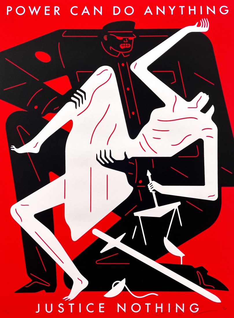 CLEON PETERSON 'Power Can Do Anything Justice Nothing (Red)' Screen Print: 'Power Can Do Anything Justice Nothing (Red)' by Cleon Peterson, 2020 24 x 18 Inches Hand-pulled screen print on 290gsm Arches Rag paper with deckled edges. Limited Edition of 125 Signed, numbered an