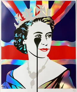 PURE EVIL 'Platinum Queen' Screen Print: 'Platinum Queen' by Pure Evil, 2022 Tribute: Elizabeth Alexandra Mary Windsor: Born: 21 April 1926 (age 96 years), Mayfair, London. 27.5 x 22.5 Inches 70 x 57 Centimeters Platinum Jubilee screen print