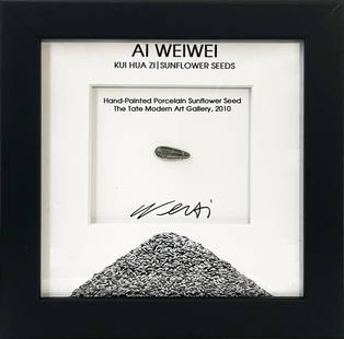 AI WEIWEI 'Sunflower Seed' Framed Hand-Painted Sculpture: 'Sunflower Seed' by Ai Weiwei, 2010 0.75 x .025 Inches each 1.9 x 0.7 Centimeters each 9 x 9 x 1.2 Inches (framed) Hand-painted porcelain sunflower seed from the artist's historic exhibit. Unique, lim