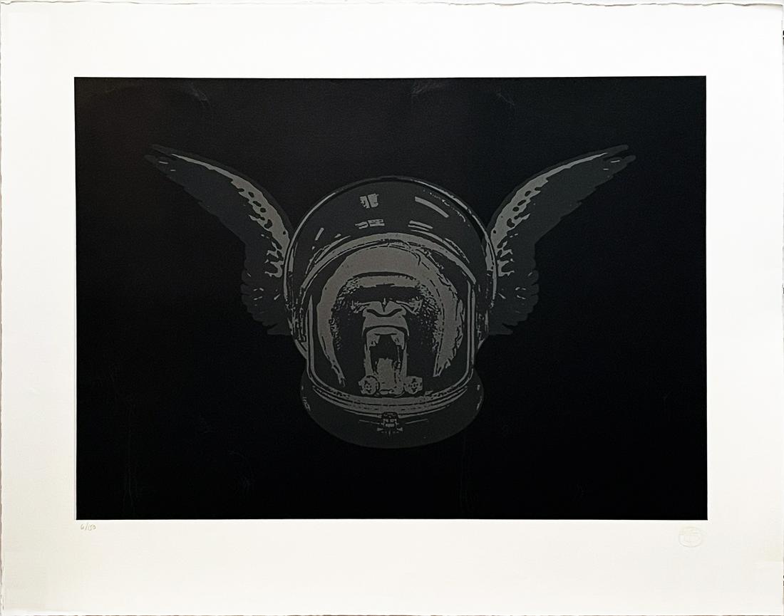 NICK WALKER 'Apish Angel' Screen Print w/Varnish Finish: 'Apish Angel' by Nick Walker, 2007 24 x 31 Inches 61 x 78.7 Centimeters 7-color screen print with 2 varnish finishes on 300gsm Somerset Satin fine art paper with hand-deckled edges. Limited Edition of