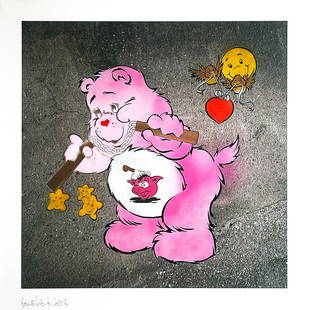 BEN EINE 'Scare Bear' (2007) Spray/Stencil + Screen Print: 'Scare Bear' by Ben Eine, 2007 Rare, early hand-finished print; Pink variant. 27.6 x 27.6 Inches 70 x 70 Centimeters Lithograph + screen print + spray paint/stencil on 300gsm fine art paper. Hand-fini