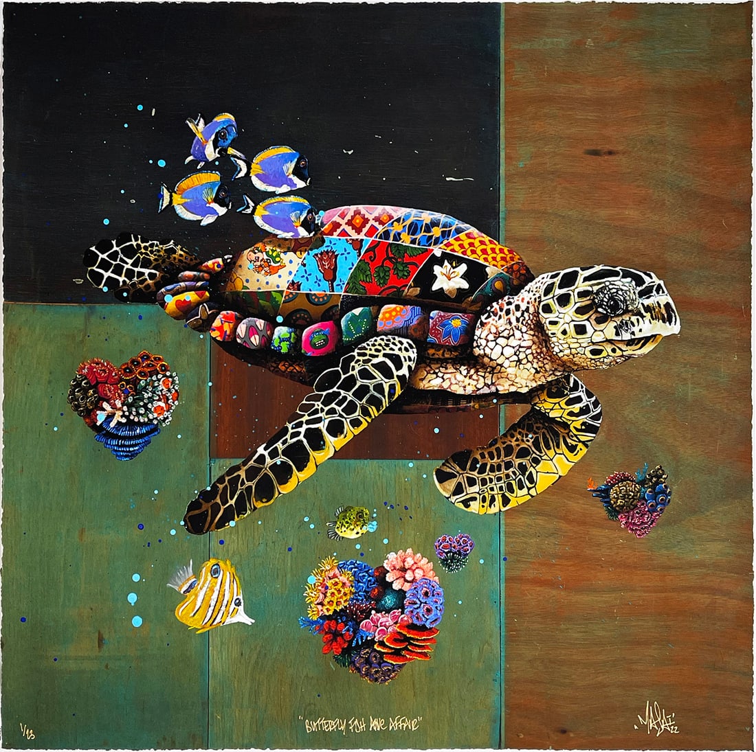 LOUIS MASAI 'Turtle Love Affair: Butterfly Fish' (2022) Hand-Embellished Print: 'Turtle Love Affair' by Louis Masai, 2022 Rare, hand-painted Butterfly Fish variant. 26 x 26 Inches 66 x 66 Centimeters Archival pigment print on deckled edge 330gsm Archival Matt fine art paper. Hand