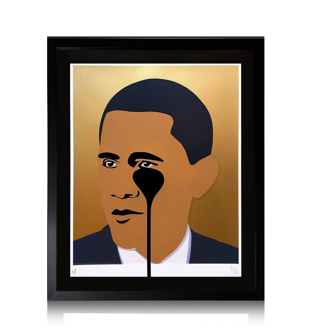 PURE EVIL 'Crying Obama' (2015) Custom Framed Screen Print: 'Crying Obama' by Pure Evil, 2015 The artist's tribute to the beloved former US President. Rare gold Artist Proof variant. 33.5 x 27.8 Inches 85 x 70.5 Centimeters 43 x 37 x 1.7 Inches (framed) 5-colo