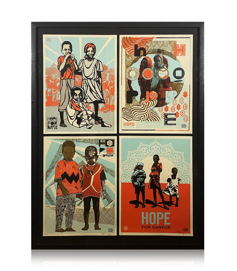 SHEPARD FAIREY x CLEON PETERSON 'Hope for Darfur' (2008) Framed 4-Screen Print SET: 'Hope for Darfur' by Shepard Fairey x Cleon Peterson x Casey Ryder, etc., 2008 Special Edition collaborative release to help aid humanitarian efforts in Darfur with artists Shepard Fairey, Florencio Z