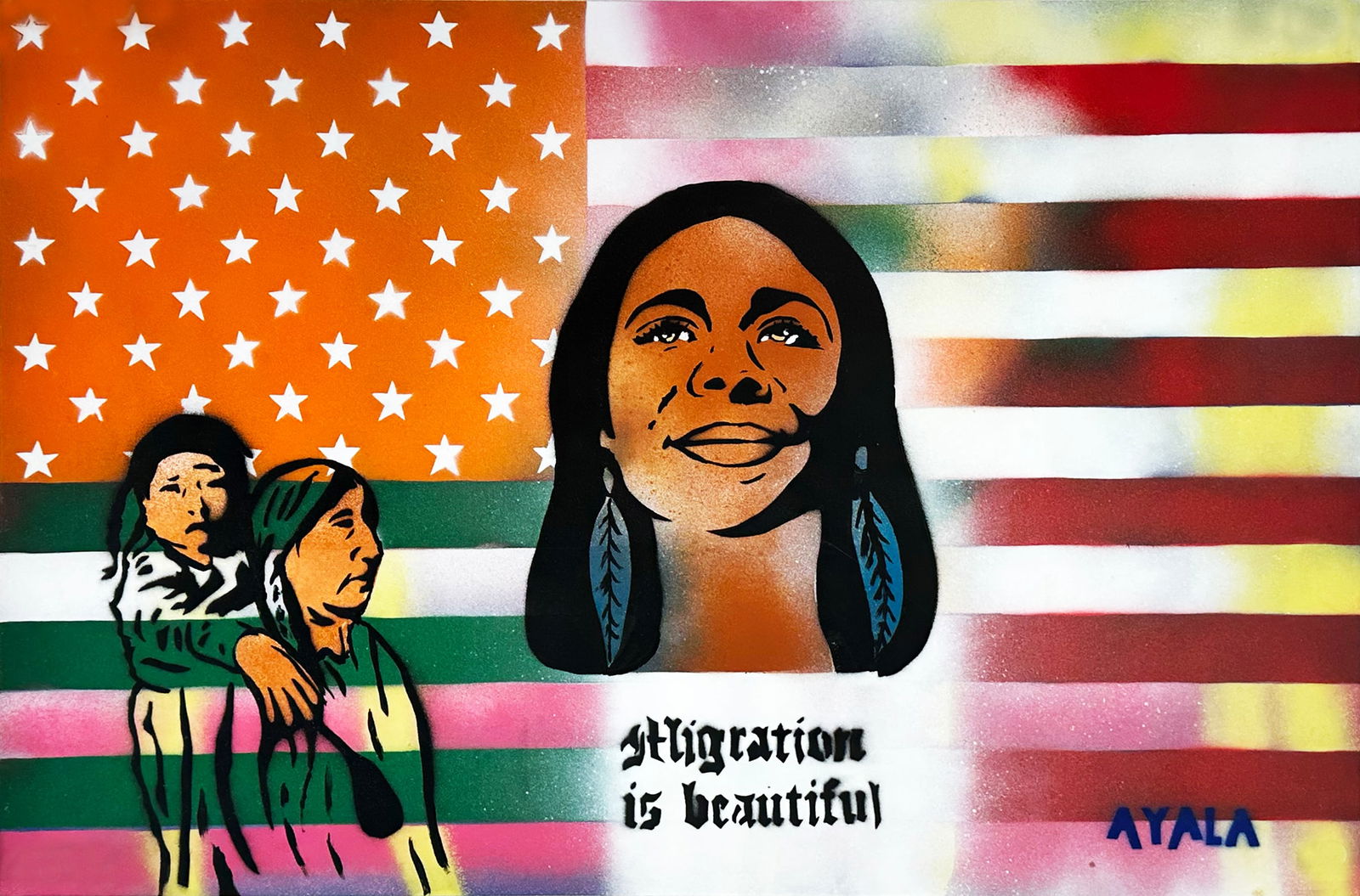 DANNY AYALA 'Migration is Beautiful' Original on Canvas: 'Migration is Beautiful' by Danny Ayala, 2015 15 x 22 Inches 38.1 x 55.9 Centimeters Hand-painted spray paint/stencil on vinyl canvas. Original Artwork (#1/1) Stencil/spray paint signed bottom right i