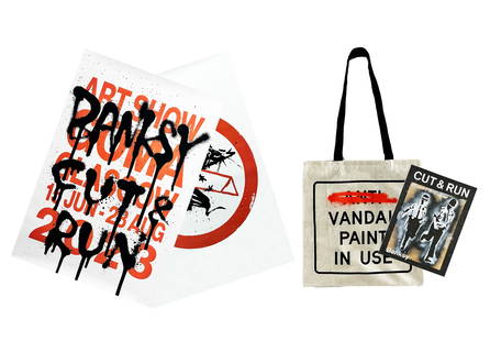 BANKSY x GoMA 'Cut and Run' (Set) Authentic Posters/Tote/Book: 'Cut and Run' by Banksy, 2023 Official collectible set for the artist's first show in nearly 15 years. Set includes: Cut and Run poster set, Canvas Tote and 25 Years Card Labour Official Book. 23.4 x