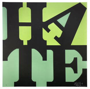 D*FACE 'Hate', 2006 POW Screen Print: 'HATE (Green)' by D*Face, 2006 Based on Robert Indiana's famous LOVE design. Published by renown (now defunct) art gallery Pictures on Walls (P.O.W.) - original publisher of Banksy's original prints.