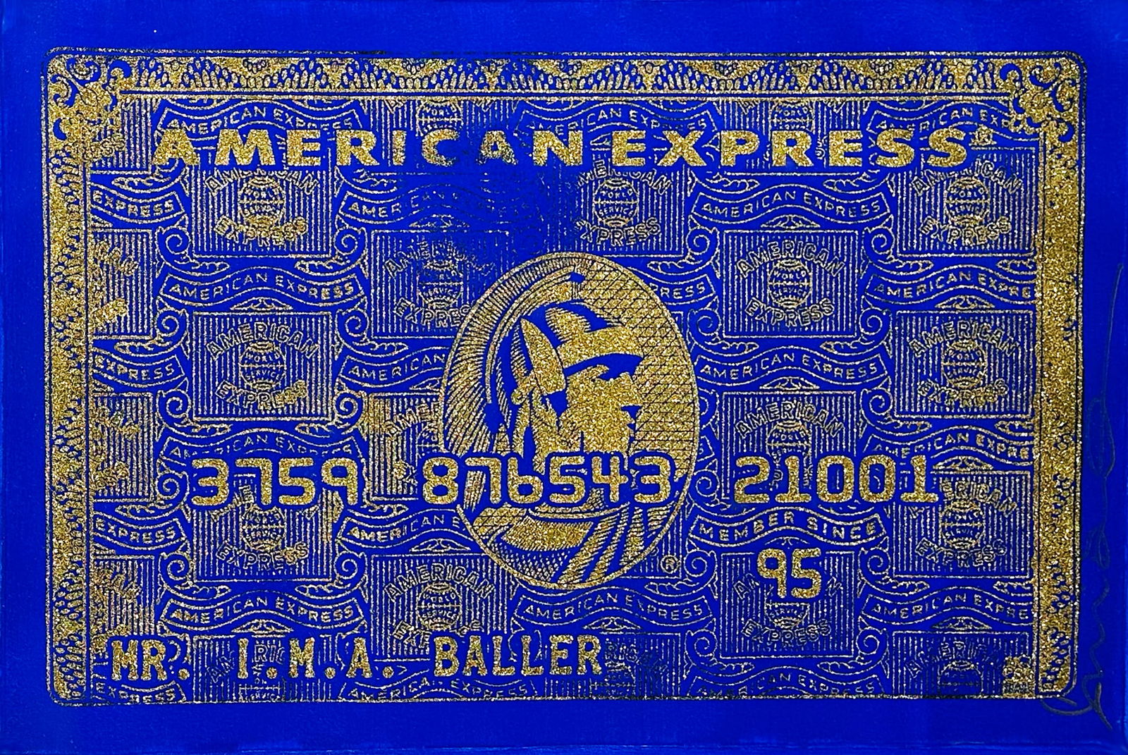 SHANE BOWDEN 'Baller In Blue' (2018) Original on Canvas: 'Baller in Blue' by Shane Bowden, 2018 20 x 30 Inches 50.8 x 76.2 Centimeters Unique American Express-style silkscreen in gold glitter on hand-painted 100% cotton canvas. Original artwork (#1/1). Hand