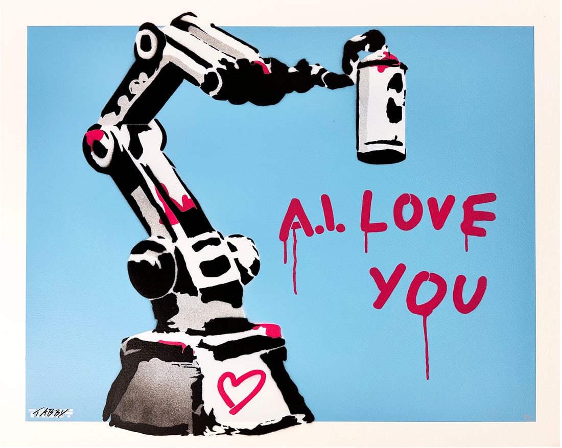 TABBY 'A. I. Love You' (2022) HPM on Canvas Panel: 'A.I. Love You' by Tabby, 2023 Blue variant. Based on the artist's original street art mural (see photo). 15.75 x 19.75 Inches 40 x 50 Centimeters Spray paint/stencil on finely woven canvas panel moun